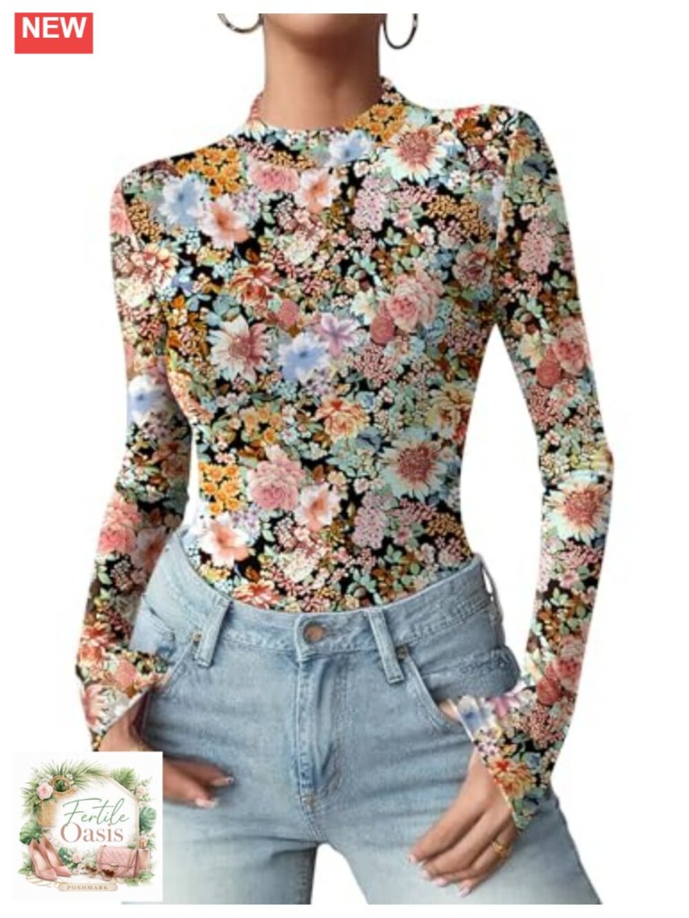 Zeagoo Women Floral Mesh Long Sleeve Top Mock Neck Sheer Blouse